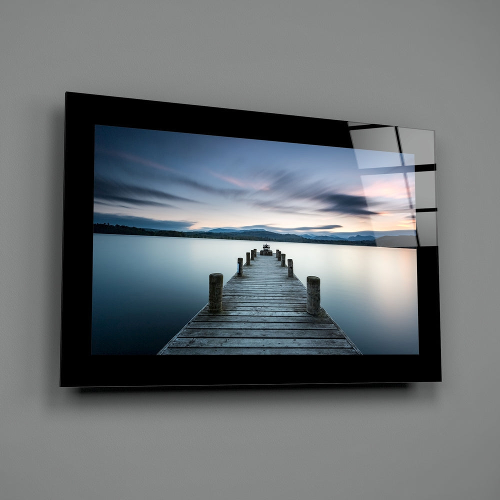 Blue Twilight Lake Jetty Glass Wall Art