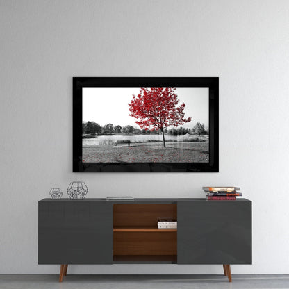 Scarlet Tree Lake Bench Glass Wall Art