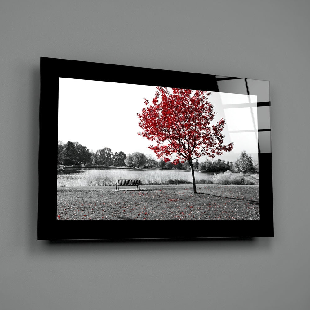 Scarlet Tree Lake Bench Glass Wall Art