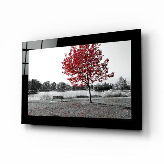 Black-framed glass wall art displaying a park scene with a red tree, bench, and lake in desaturated landscape.