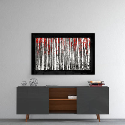 Black Border Birch Grove Red Canopy Glass Wall Art