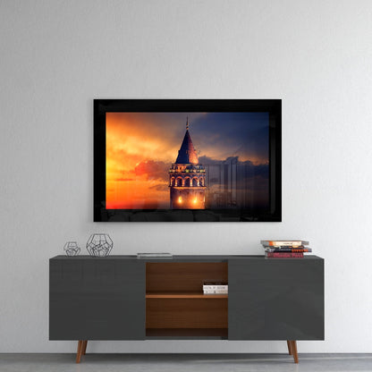 Sunset Silhouette Galata Tower Glass Wall Art