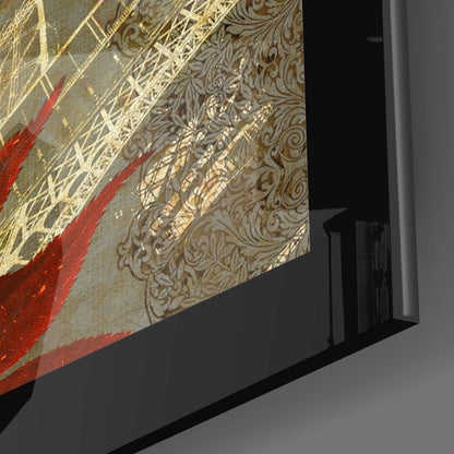 Close-up side view of framed glass art showing ornate gold damask pattern and red brushstrokes against cream background.