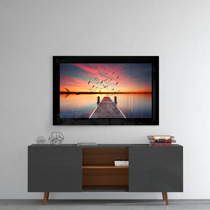 Pink Sky Birds Pier Glass Wall Art