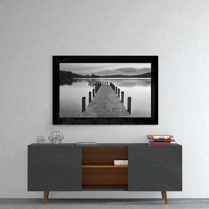 Misty Mountain Lake Boardwalk Glass Wall Art