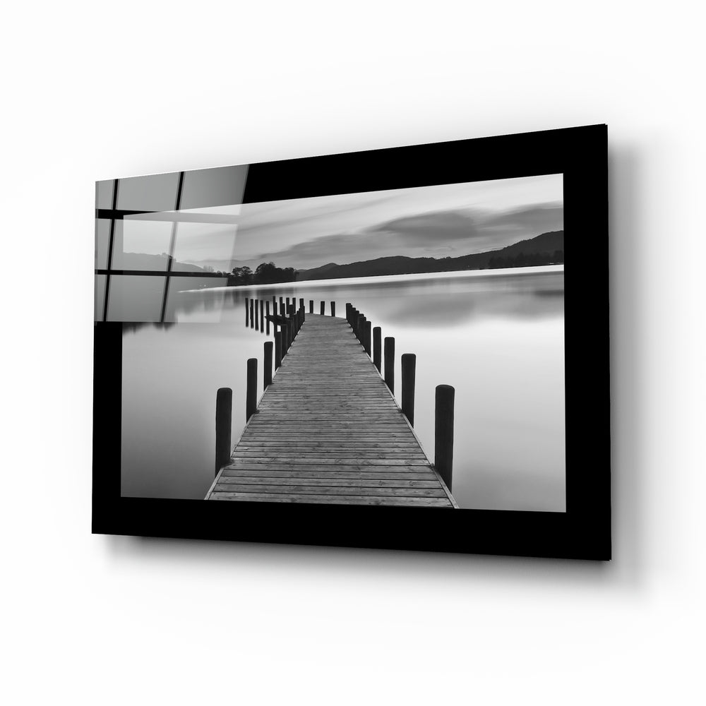 Misty Mountain Lake Boardwalk Glass Wall Art