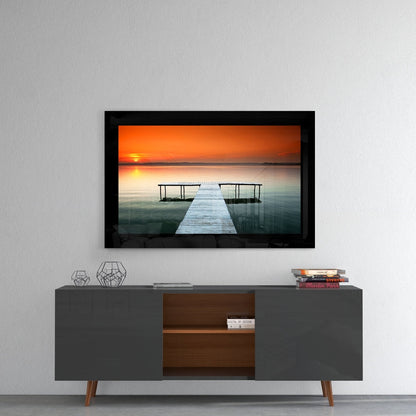 Orange Sky Lake Pier Glass Wall Art