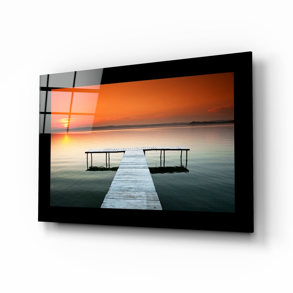 Orange Sky Lake Pier Glass Wall Art