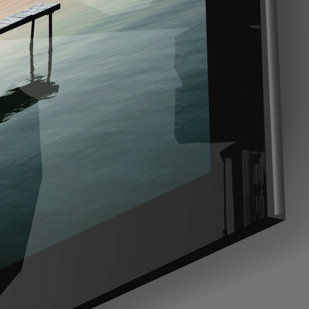Orange Sky Lake Pier Glass Wall Art
