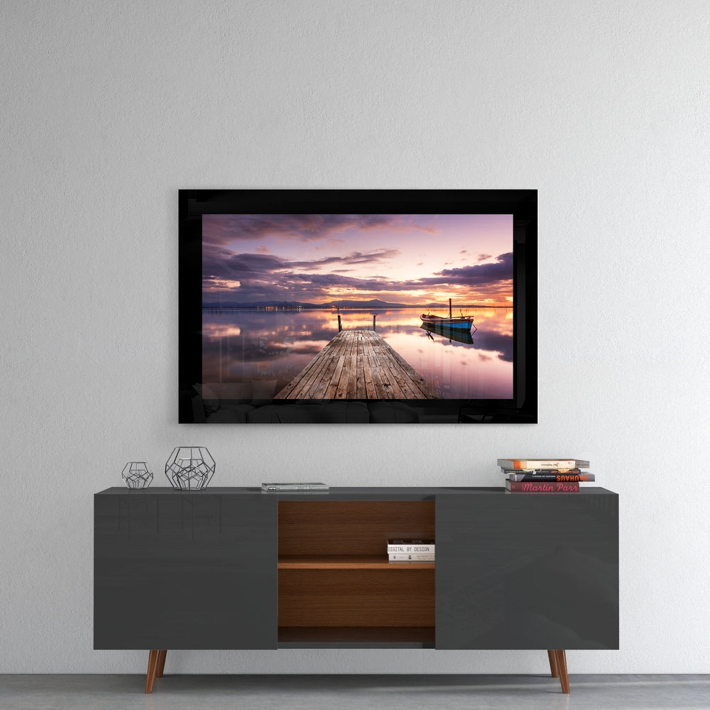 Moored Boat Purple Dusk Glass Wall Art
