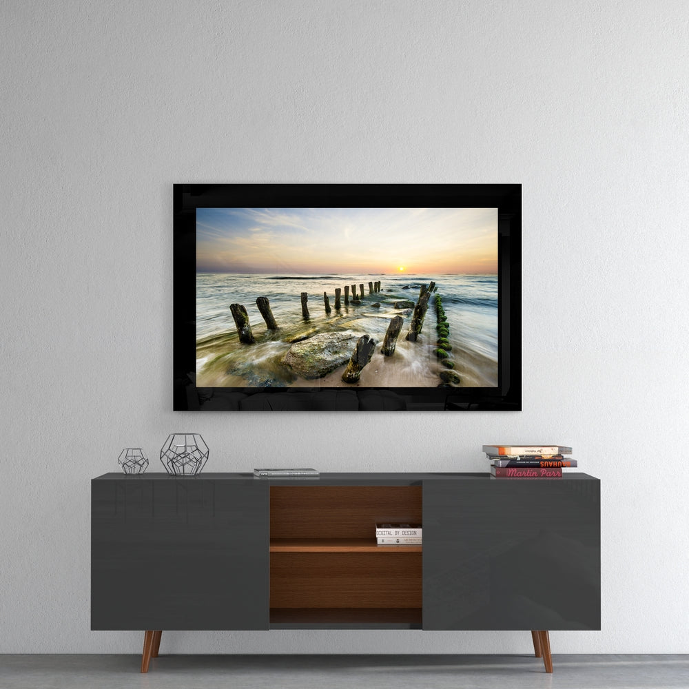 Mossy Posts Beach Sunrise Glass Wall Art