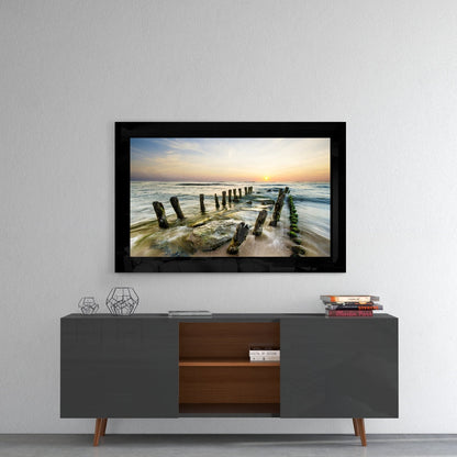 Mossy Posts Beach Sunrise Glass Wall Art