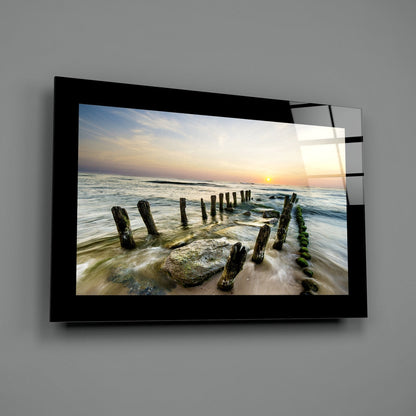 Mossy Posts Beach Sunrise Glass Wall Art