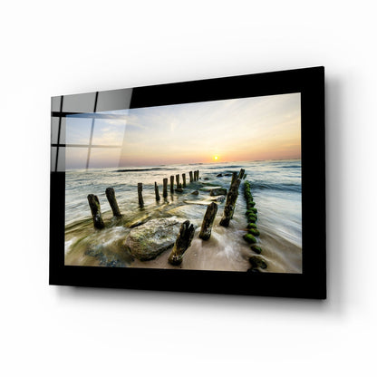 Mossy Posts Beach Sunrise Glass Wall Art