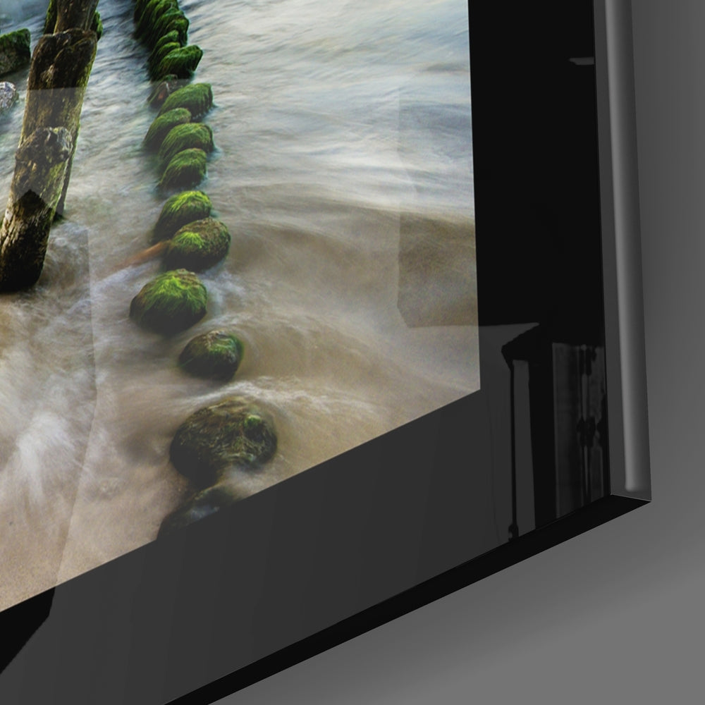Mossy Posts Beach Sunrise Glass Wall Art