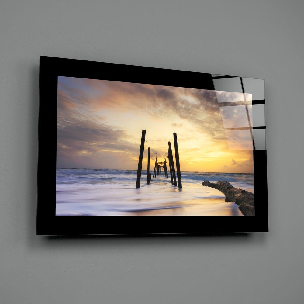 Old Pier Pilings Sunset Glass Wall Art