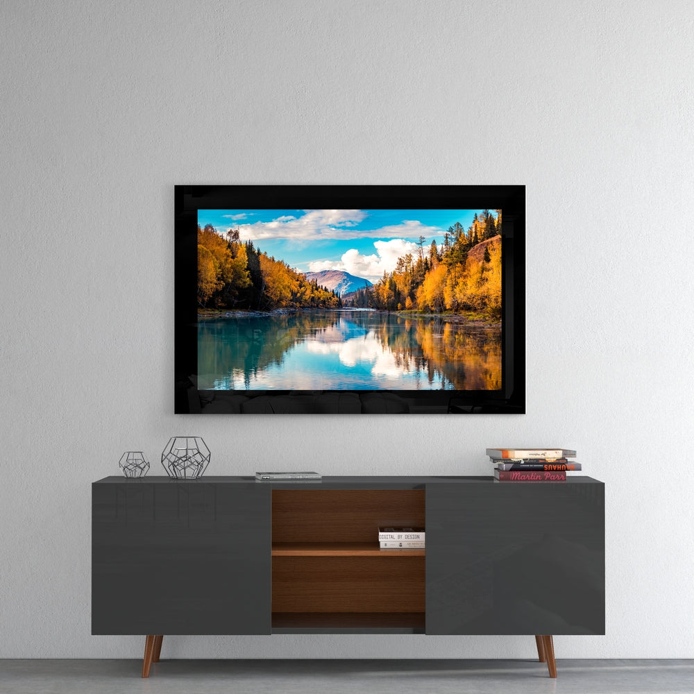 Golden Autumn River Bend Glass Wall Art