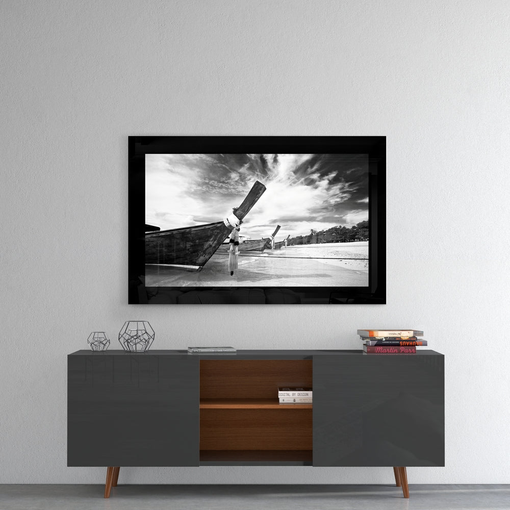 Black and White Longtail Boat on Beach Glass Wall Art