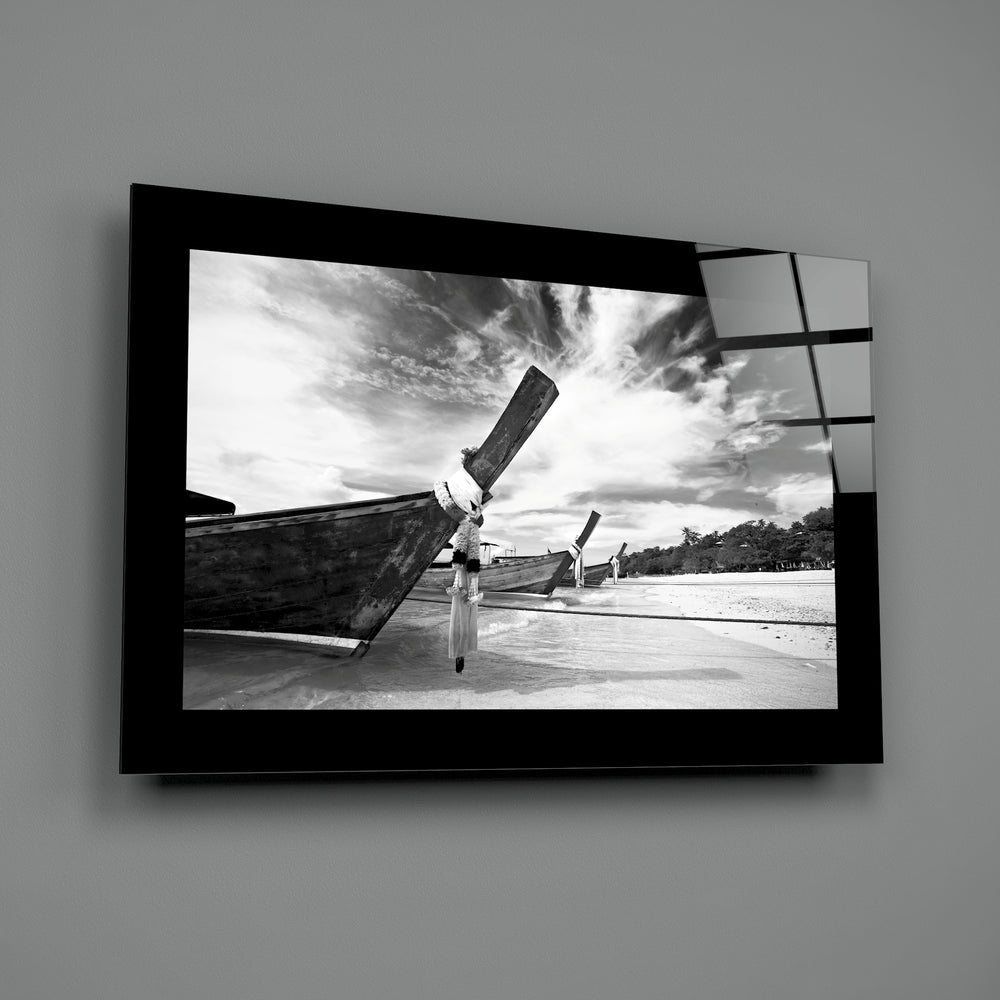 Black and White Longtail Boat on Beach Glass Wall Art