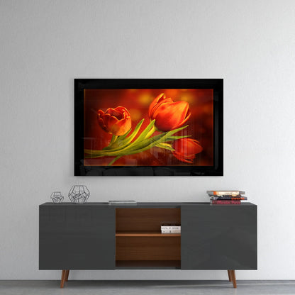 Three Red Tulips on Dark Amber Glass Wall Art