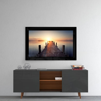 Misty Lake Jetty Sunrise Glass Wall Art