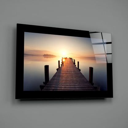 Misty Lake Jetty Sunrise Glass Wall Art