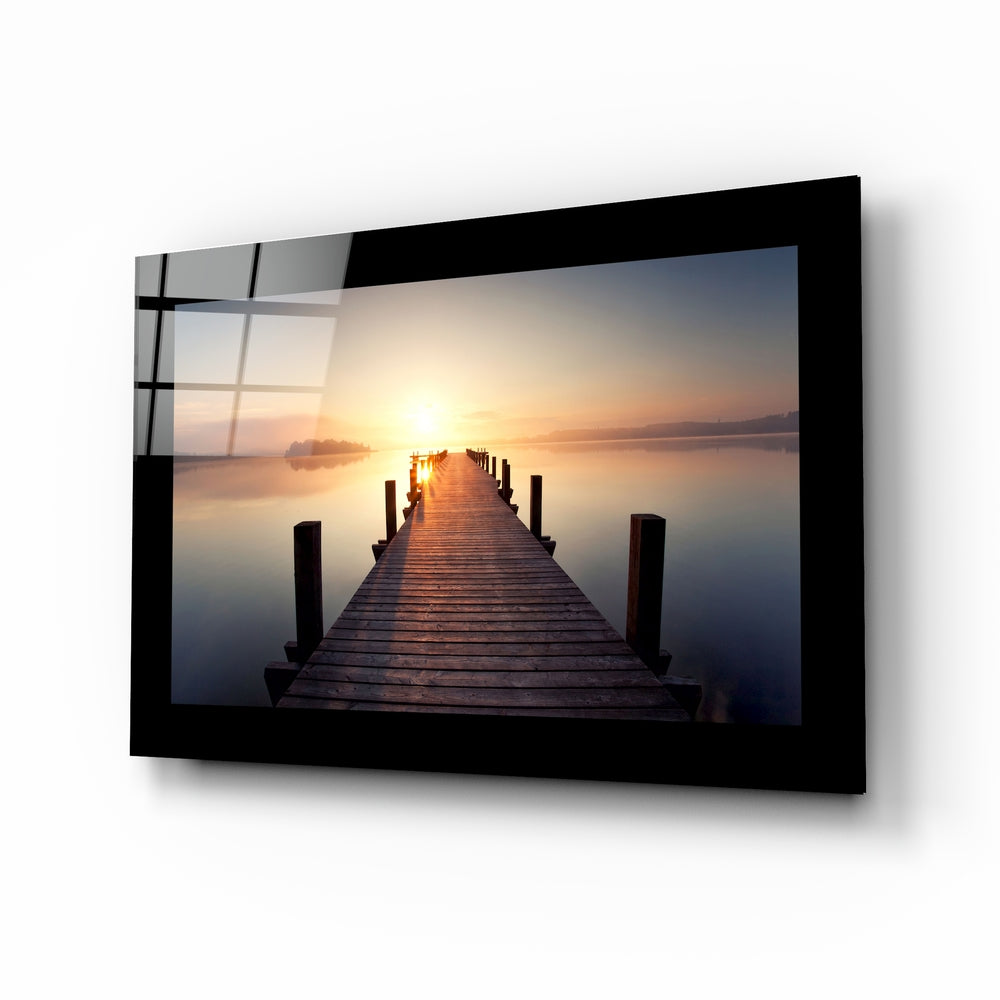Misty Lake Jetty Sunrise Glass Wall Art