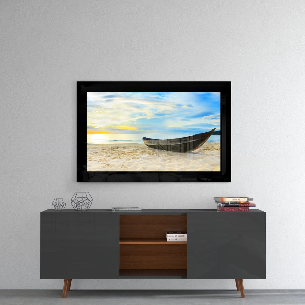 Wooden Canoe White Sand Beach Glass Wall Art