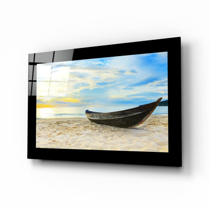Wooden Canoe White Sand Beach Glass Wall Art
