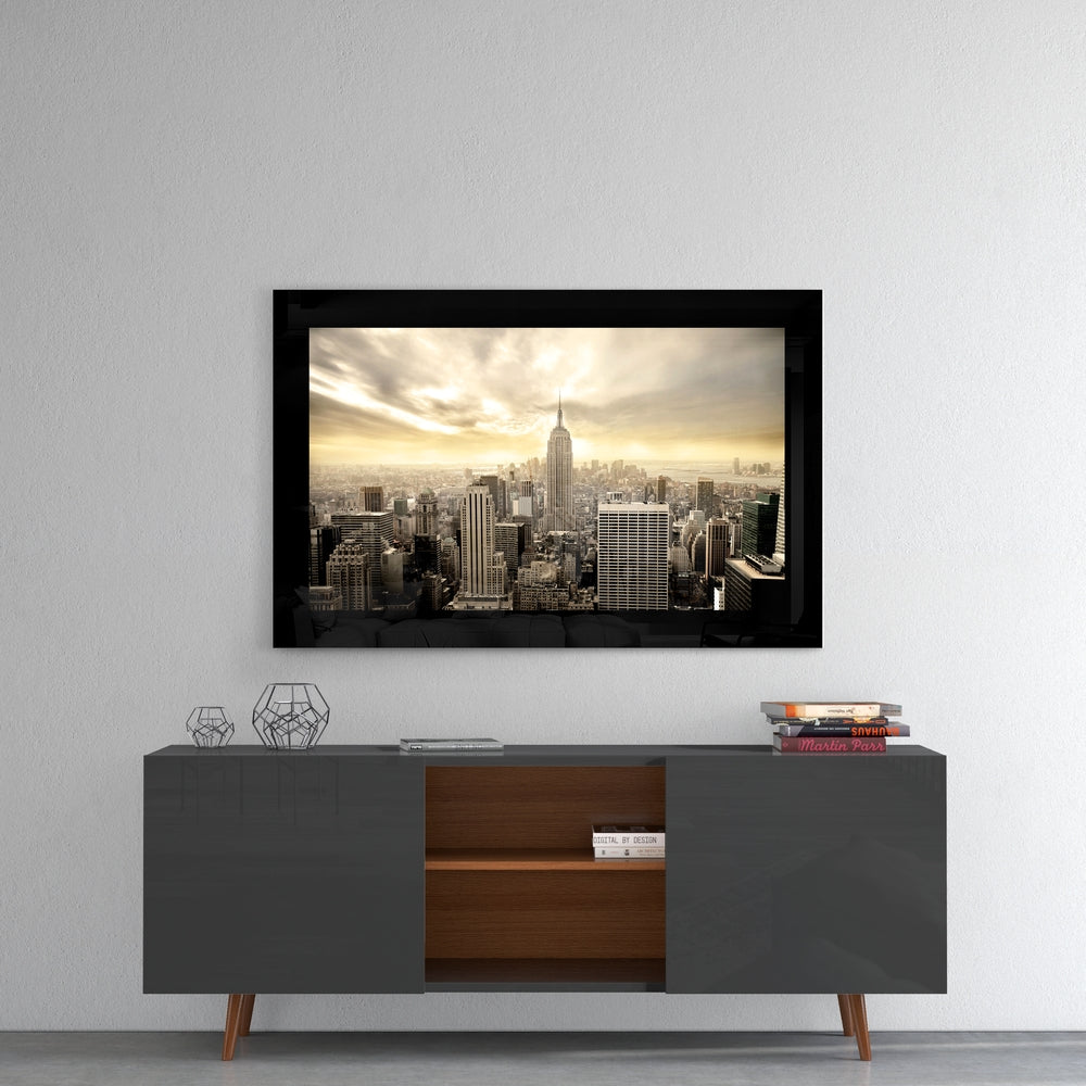 Sepia Sunbeam Tower Skyline New York Glass Wall Art