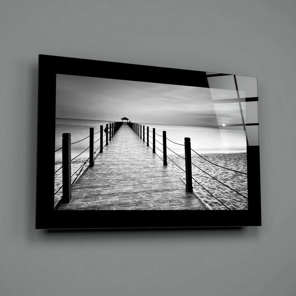 Rope Railing Beach Pier Sunrise Glass Wall Art