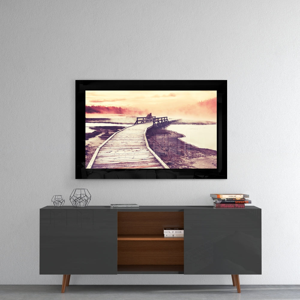 Foggy Marsh Boardwalk Sunrise Glass Wall Art
