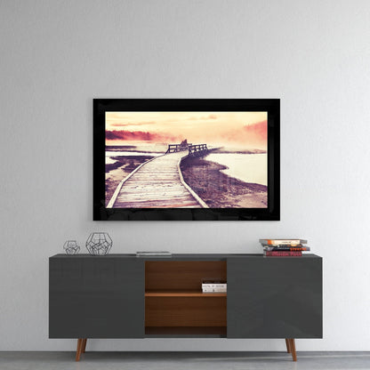 Foggy Marsh Boardwalk Sunrise Glass Wall Art