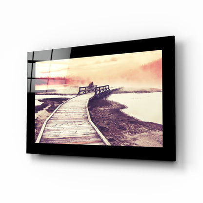 Foggy Marsh Boardwalk Sunrise Glass Wall Art