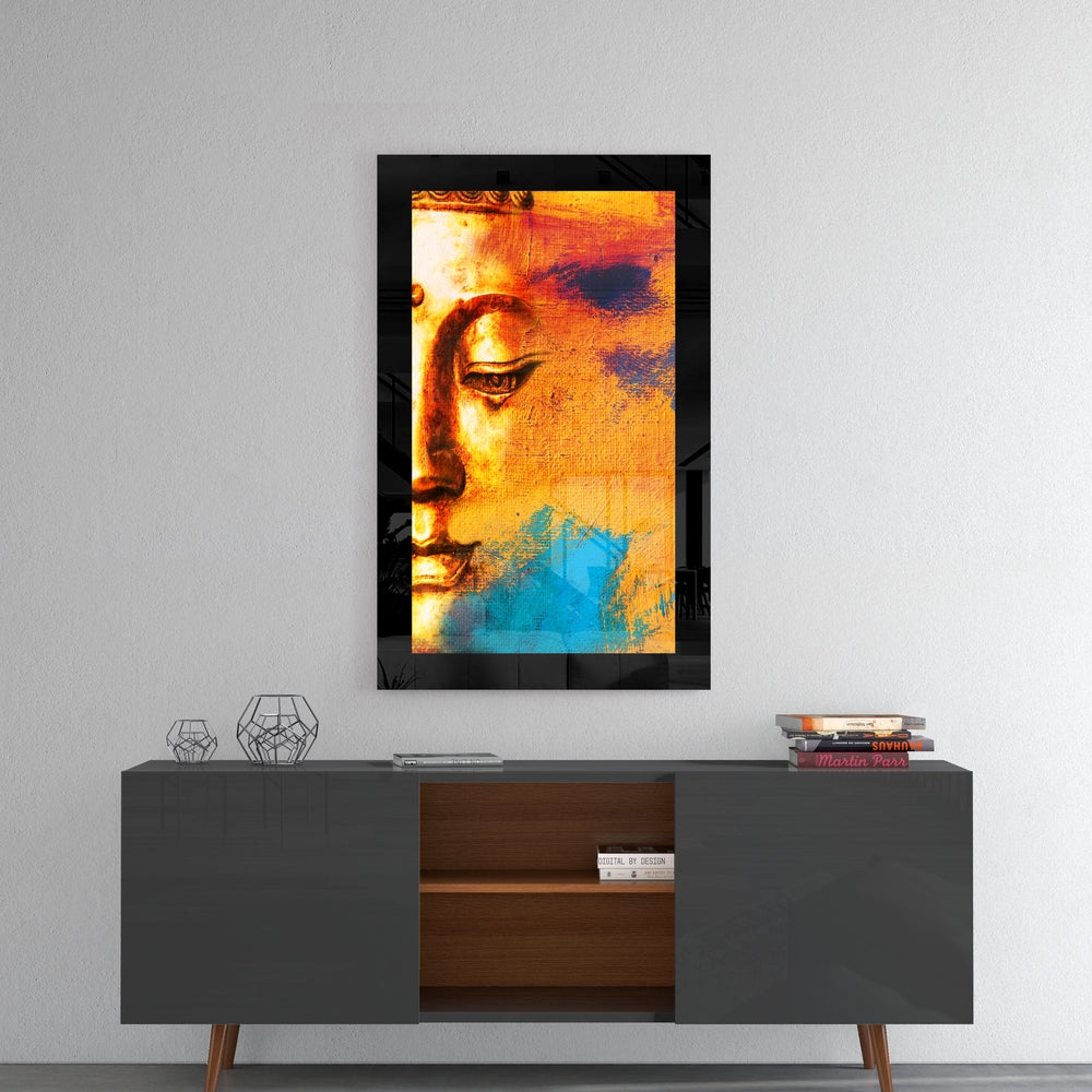 Gold and Blue Buddha Profile Glass Wall Art