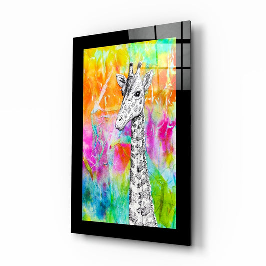 Black-framed glass wall art displaying a detailed ink giraffe against a vibrant multicolored watercolor background, angled perspective view.