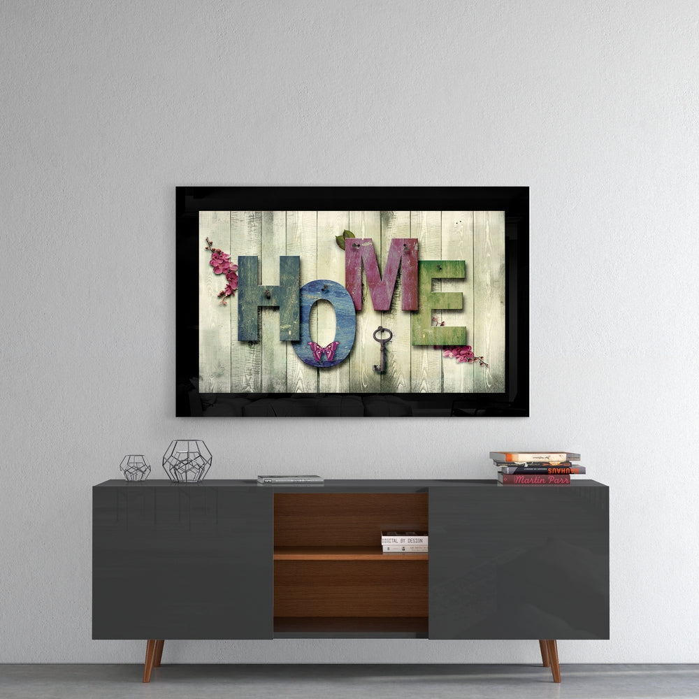 Vintage Home Sign Key Blossoms Glass Wall Art