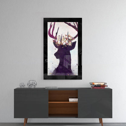 Blossom Crown Deer Silhouette Glass Wall Art