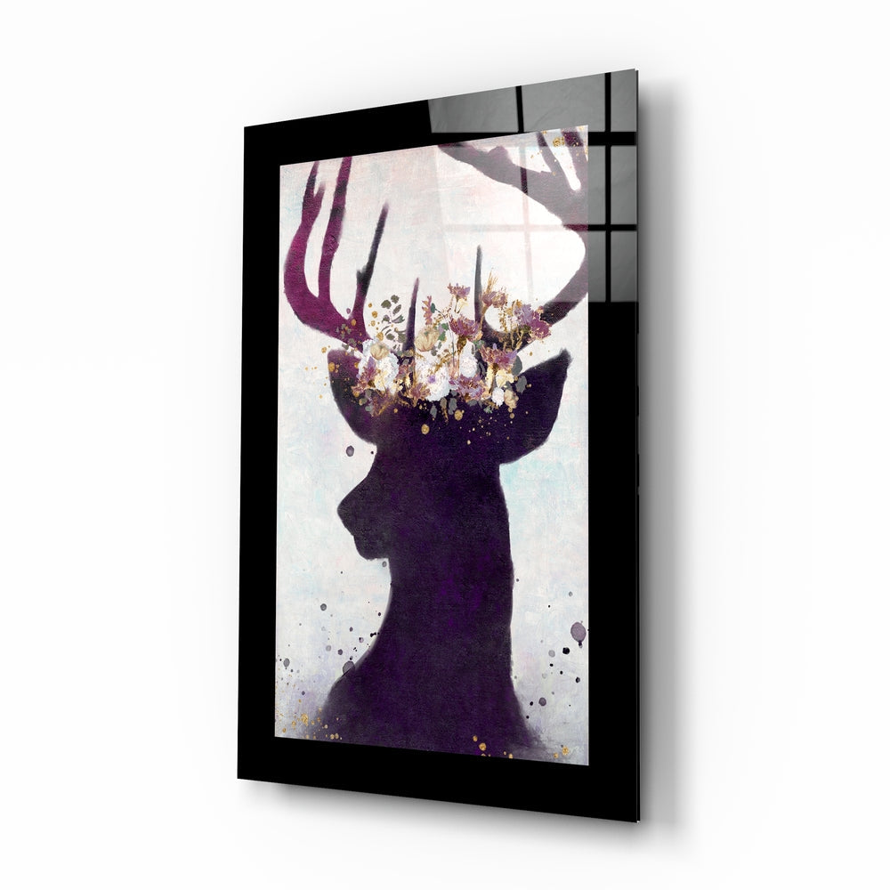 Blossom Crown Deer Silhouette Glass Wall Art