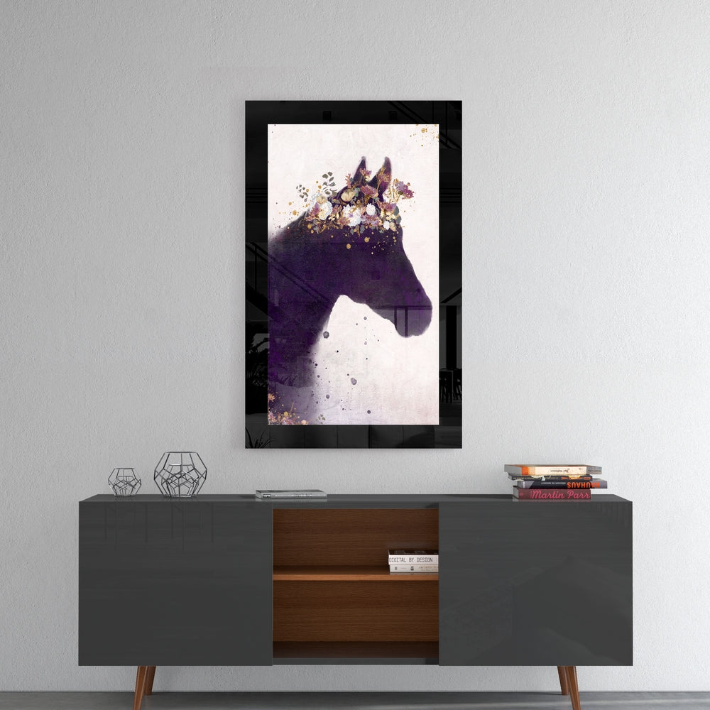Gold Floral Crown Horse Glass Wall Art