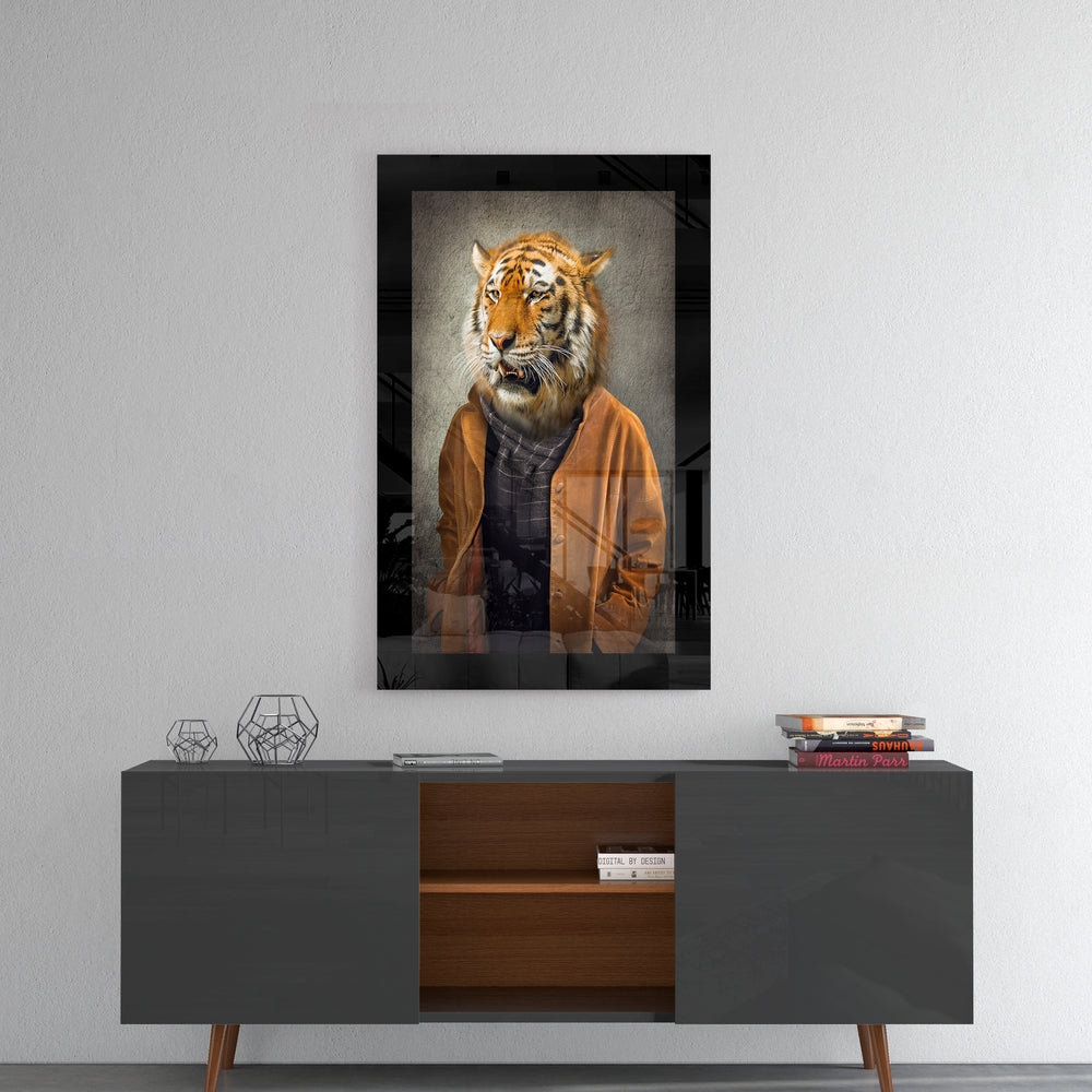 Tiger Head Gentleman Glass Wall Art