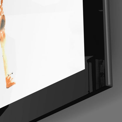 Angled side view of glass wall art displaying an orange and yellow giraffe illustration on white background.