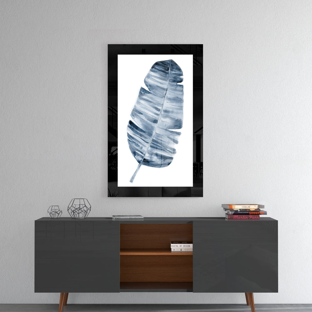 Navy Watercolor Palm Leaf Glass Wall Art
