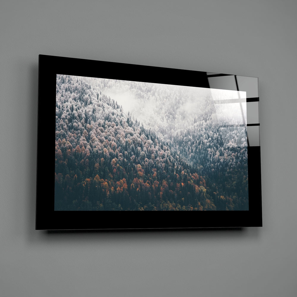 Foggy Mountain Autumn Woods Glass Wall Art
