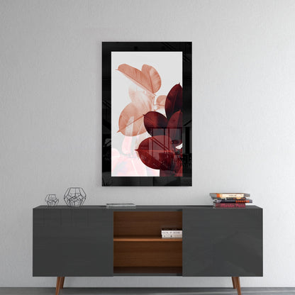 Coral Maroon Rubber Fig Leaves Glass Wall Art