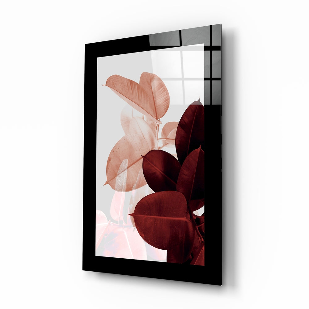 Coral Maroon Rubber Fig Leaves Glass Wall Art