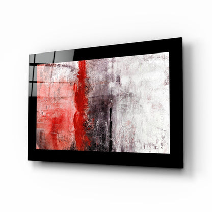 Black-framed glass wall art displaying abstract composition with red vertical stripe, white background, and gray textured areas, mounted at angle.