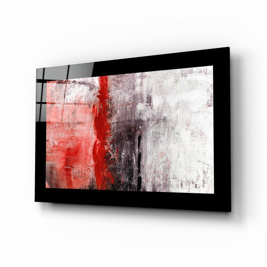 Black-framed glass wall art displaying abstract composition with red vertical stripe, white background, and gray textured areas, mounted at angle.