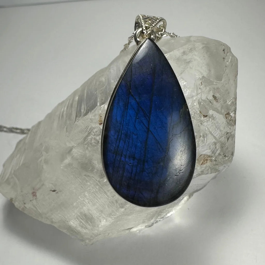 Deep blue teardrop labradorite pendant with sterling silver chain