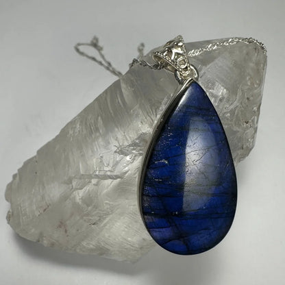 Deep blue teardrop labradorite sterling silver pendant on chain